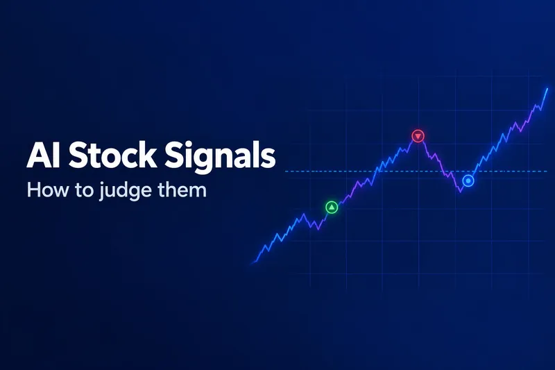 Dark blue cover with the white title “AI Stock Signals, How to judge them” beside a glowing blue and violet price line marked with green, red and blue signal points.